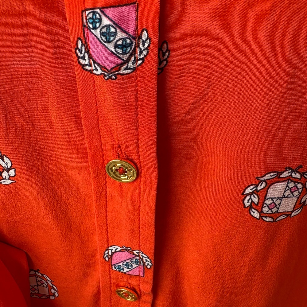 C. Wonder 100% Silk Orange Red Crest Blouse Size Small - Picture 6 of 11